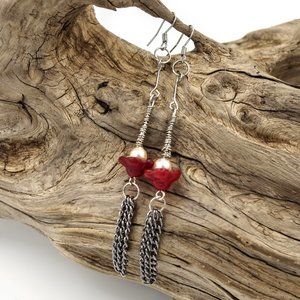 Hanging Chain Earrings with Red Glass Flower and a Pearl